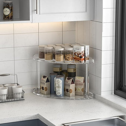 2 Tier Acrylic Corner Shelf Organizer Storage 9.5x9.5x8 Inch, Transparent Countertop Corner Shelf for Bathroom, Kitchen, Bedroom, Office, Study Room