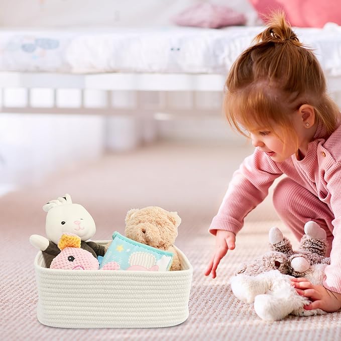 Small Woven Storage Baskets 13“X9”X5“ Decorative Rope Bins for Organizing Shelves, Closets, and Toys, Empty Gift Baskets, Cute Organizer Basket for Home and Office White Large