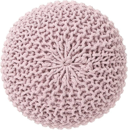 REDEARTH Round Pouf Ottoman - Hand Knitted Boho Poof Home Décor Pouffe Circular Footrest for Living Room - Bedroom - Lounge - 100% Cotton (19.5"x19.5"x14") - Pale Pink