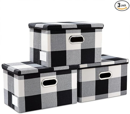 PRANDOM Collapsible Storage Bin with Lid [3-Pack] Fabric Foldable Storage Box Organizer Container Basket Cube with Cover for Home Bedroom Closet Office Nursery Black and White Grid(14.9x9.8x9.8)