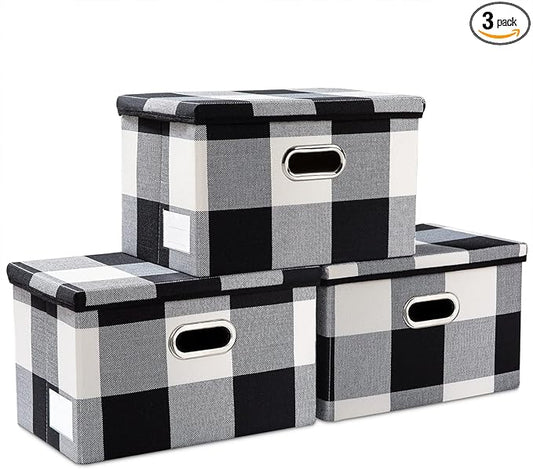 PRANDOM Collapsible Storage Bin with Lid [3-Pack] Fabric Foldable Storage Box Organizer Container Basket Cube with Cover for Home Bedroom Closet Office Nursery Black and White Grid(14.9x9.8x9.8)