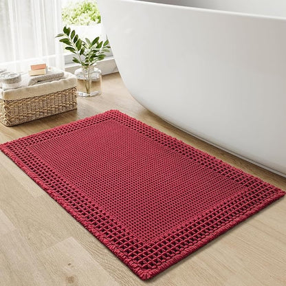 RESARE Waffle Bath Mat for Bathroom, Super Absorbent Bathroom Rugs Non Slip Machine Washable, Ultra Soft Quick Dry Boho Bath Rugs with Tassels for Floor, Upgraded Bordered Design, 18"x30" Red