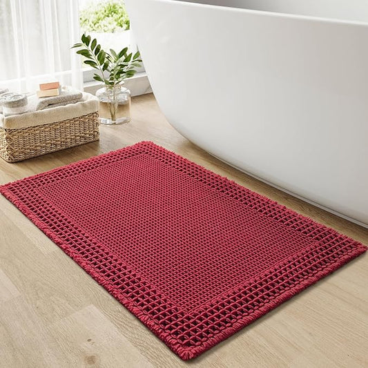 RESARE Waffle Bath Mat for Bathroom, Super Absorbent Bathroom Rugs Non Slip Machine Washable, Ultra Soft Quick Dry Boho Bath Rugs with Tassels for Floor, Upgraded Bordered Design, 18"x30" Red