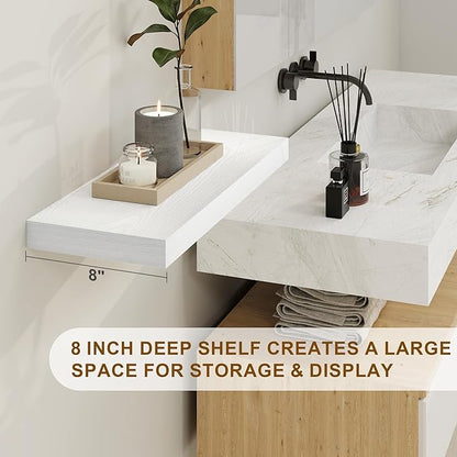 White Floating Shelves 48 Inch Long, 8 Deep Floating Shelves for Wall, Rustic 48" Long Fireplace Mantel, Large 48 x 8 Wall Shelves for Bedroom, Living Room, Bathroom, White Deep Shelves Set of 1