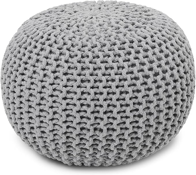 REDEARTH Round Boho Pouf Ottoman - Cable Knitted Cord Boho Pouffe - Stuffed Poof Accent Beanbag Footrest for Living Room - Nursery - Bedroom - Covered Patio - Study Nook (18”x18”x14”) - Gray-S