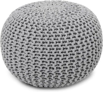REDEARTH Round Boho Pouf Ottoman - Cable Knitted Cord Boho Pouffe - Stuffed Poof Accent Beanbag Footrest for Living Room - Nursery - Bedroom - Covered Patio - Study Nook (18”x18”x14”) - Gray-S