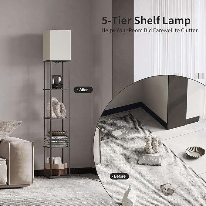 SUNMORY 5 Tier Floor Lamp with Shelves, Modern Square Standing Lamp with 3 Color Temperature Bulb, Corner Display Bookshelf Lamp for Living Room and Bedroom, Tall Shelf Floor Lamp