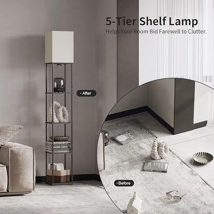 SUNMORY 5 Tier Floor Lamp with Shelves, Modern Square Standing Lamp with 3 Color Temperature Bulb, Corner Display Bookshelf Lamp for Living Room and Bedroom, Tall Shelf Floor Lamp