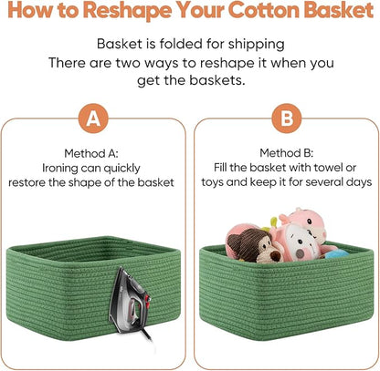 OIAHOMY 4 Pack 14.17*11.02*6.3IN Storage Baskets for Organizing Shelves, Woven Rope Baskets for Organizing Books, Clothes, Decorative Basket for Living Room, Nursery, Bedroom, Gift Basket, Green