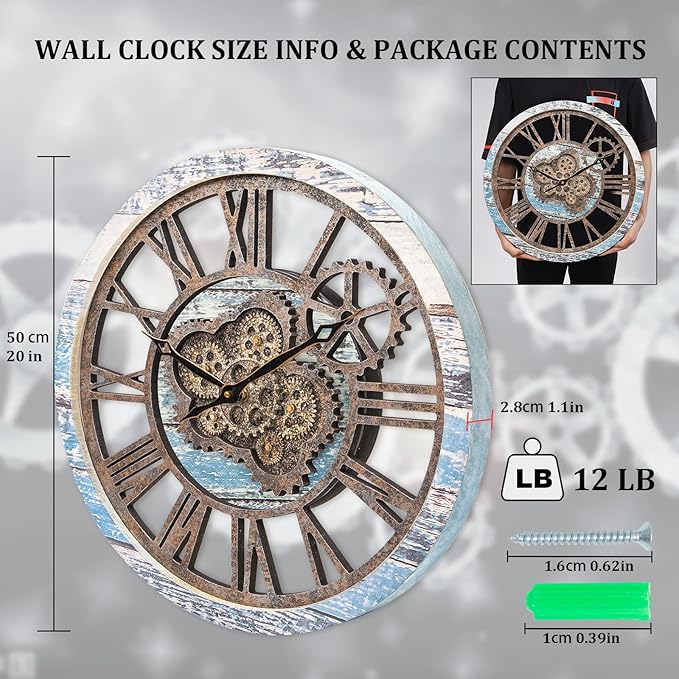 HOIBAI Large Wall Clock, Wall Clocks for Living Room Decor 20 Inch Farmhouse Vintage Rustic Kitchen Wall Decor Vintage Roman Oversized Wall Clock for Home Bedroom House Office, Moving Gears Clock