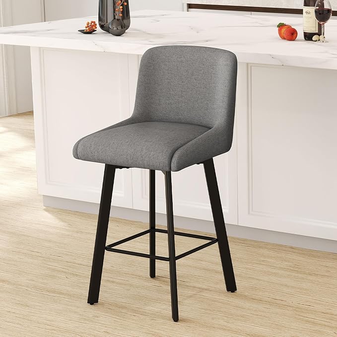 Swivel Counter Height Bar Stools Set of 3, 26''H Upholstered Barstools with Backs, Modern Bar Stool Chairs for Kitchen Island, Metal Legs, Fabric, Gray Stools Counter Chair