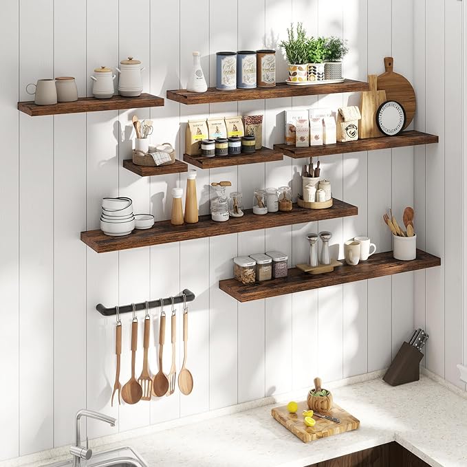 36 Inch Floating Shelves for Wall Set of 2, 8"D Wood Grain Bathroom Shelves with Invisible Brackets, Easy Install Engineered Wood Storage Shelves for Kitchen, Living Room, Bedroom, Rustic Brown Finish