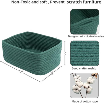 Small Woven Storage Baskets 12“X8”X5“ Decorative Rope Bins for Organizing Shelves, Closets, and Toys, Empty Gift Baskets, Cute Organizer Basket for Home and Office (dark green, regular)