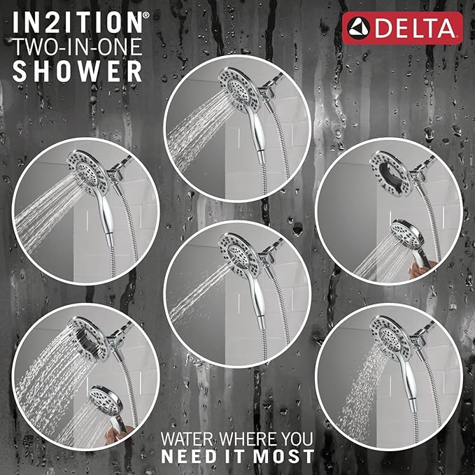 Delta Faucet Albion 14 Series Single-Handle Shower Faucet, Chrome Shower Trim Kit with 4-Setting In2ition 2-in-1 Dual Hand Held Shower Head with Hose, Chrome T142855-I (Valve Not Included)