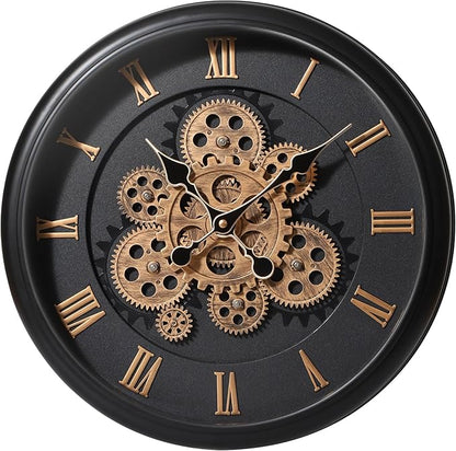 Maxstar Large Moving Gear Wall Clock,16" Vintage Mechanical Battery Operated Industrial Wall Clocks for Farmhouse Living Room,Home Office, Dinning Room, Kitchen, Steampunk Decor-Black,Roman Numeral