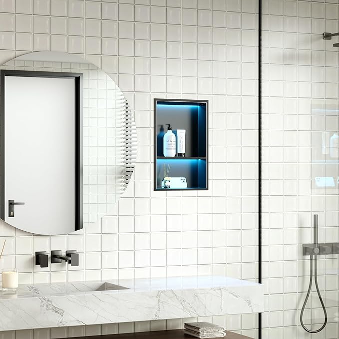 Stainless Steel Shower Niche 12" X 18", No Tile Needed Wall Niche with RGB Led Light, Recessed Shower Shelf for Bathroom Storage Over Mount Installation, Matte Black