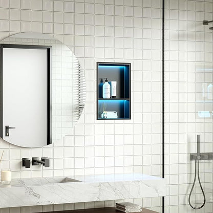 Stainless Steel Shower Niche 12" X 18", No Tile Needed Wall Niche with RGB Led Light, Recessed Shower Shelf for Bathroom Storage Over Mount Installation, Matte Black