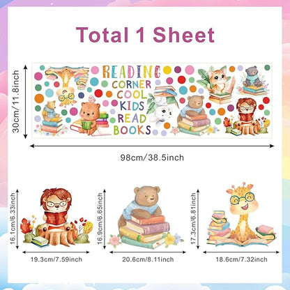 Reading Corner Decor,Reading Books Wall Decals,Learning Study Wall Stickers,Cartoon Animals Window Decals,Giraffe Bear Rabbit Read Books Stickers for Toddler Nursery Bedroom Classroom School