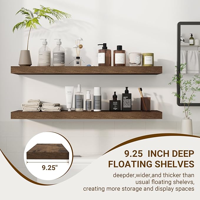 36 Inch Floating Shelves, 36"x9.25"x1.5" Inch Deep Floating Shelves for Wall, Wooden Shelves for Bathroom, Bedroom, Living Room, Brown, 2 Pieces