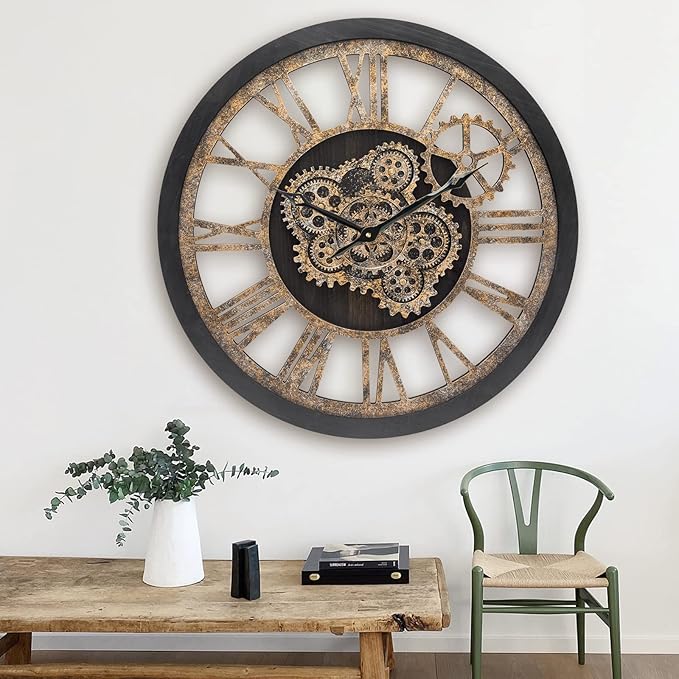 HOIBAI Large Wall Clock, 24 Inch Wall Clocks for Living Room Decor Farmhouse Vintage Rustic Kitchen Wall Decor Vintage Roman Big Oversized Wall Clock for Home Bedroom House Office, Moving Gears Clock