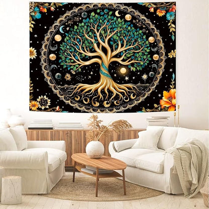 Delur Tree of Life Tapestry Moon Phase Nature Flower Plant Tapestry Wall Hanging Boho Mandala Spiritual Sun Aesthetic Psychedelic Headboard for Bedroom Living Room Home Decor (51.2" x 59.1")