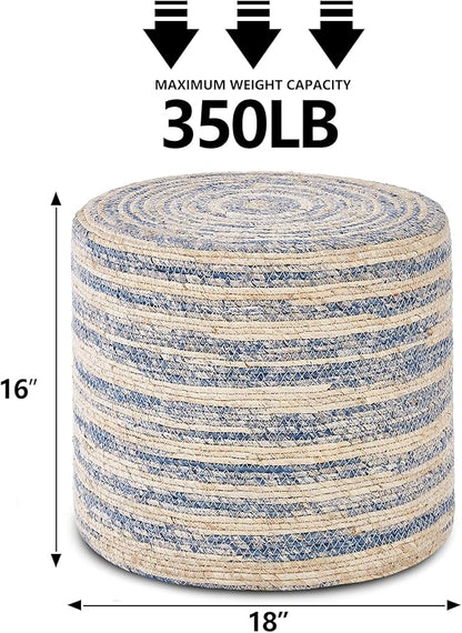 Wimarsbon 18'' Ottoman Pouf, Natural Braided Poof, Rustic Handweave Lounge Pouffe, Boho Footrest Stool for Bedroom, Accent Table for Living Room (Blue Corn Husk)