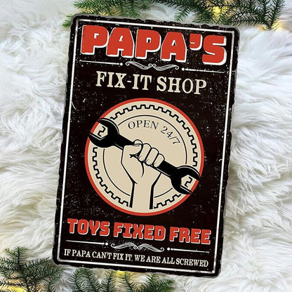 Papas Fix It Shop Metal Tin Signs for Garage Man Cave Decor Funny Papa Gifts - Vintage Tool Shop Papa's Workshop Signs, Father's Day Gifts Decorations 8x12 Inch