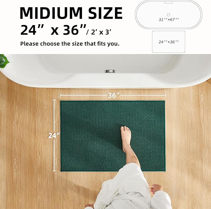 Bathroom Rugs Non Slip Washable, Super Absorbent Thin Bath Mat Quick Dry Low Pile Bathroom Rug, Dark Green 24"x36"