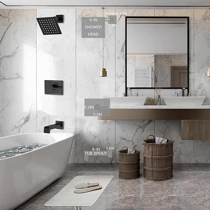 Shower Fixtures, Black Shower Faucet Set with 6 Inch Matte Black Shower Head and Tub Spout, Black Shower Head and Handle Set (Valve Included)