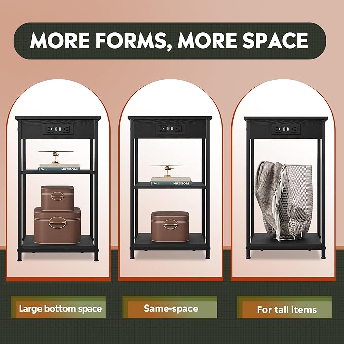 WLIVE Black End Table with Charging Station, Slim Night Stand with 3 Storage Shelves, Small Side Tables for Small Spaces, Bedside Tables for Living Room, Bedroom