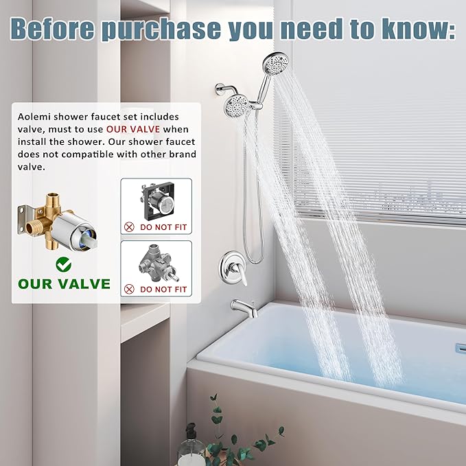 Aolemi Tub Shower Faucet Set with Tub Spout Rain Shower Head System Shower Trim Kit Pressure Rough-in Valve Included ABS 8 Setting Dual Shower Head and Handheld Spray Polish Chrome