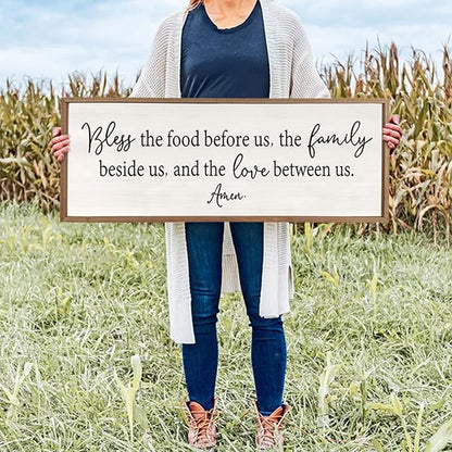 Bless the Food Before Us Sign Wall Decor 40"X15" Large Farmhouse Dining Room Wall Decor Framed Wood Rustic Home Wall Art Kitchen Hanging Decoration (Wood White)