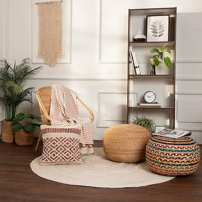 REDEARTH · Round Pouf Ottoman - Braided Boho Poof Home Décor Pouffe Accent Sitting Circular Foot Rest for Living Room, Bedroom, Nursery, Lounge; Jute and Cotton Set of 2 (19.5"x19.5"x14"; Multi)