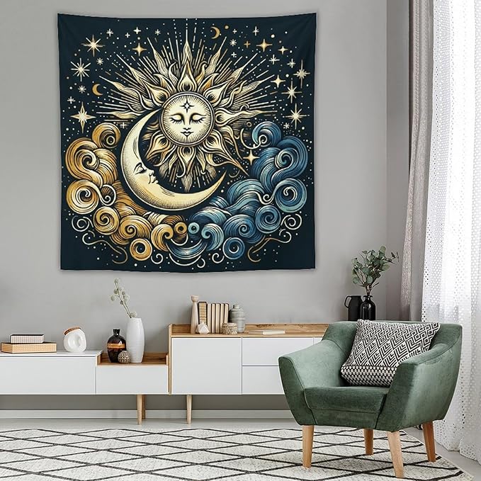 HZOHNAGO Sun Moon Tapestry Boho Golden Stars Pattern Printed Wall Tapestry Wall Hanging for Bedroom Living Room Dorm 60" W x 60" H