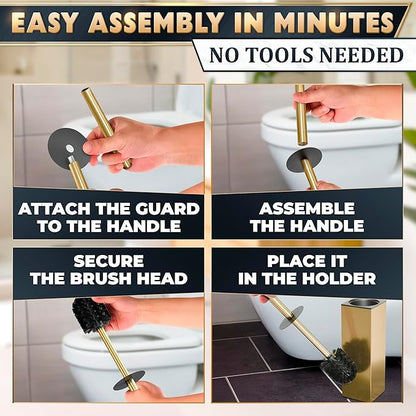 Stainless Steel Toilet Brush and Holder Set Gold & Square Design - Corrosion and Scratch-Resistant Gold Toilet Brush and Holder Set with Splash Protection - for Deep & Effective Bathroom Cleaning