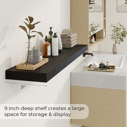 48 inch Floating Shelves for Wall Large Wall Mounted Shelves with Invisible Brackets, Black Long Shelves for Bathroom, Living Room, Kitchen, Office, 48x9.1 inch deep Set of 2
