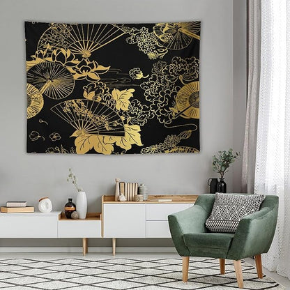 HZOHNAGO Japanese Tapestry Gold Flowers Umbrella Fan Pattern Printed Wall Tapestry Painting Wall Hanging for Bedroom Living Room Dorm 80" W x 60" H