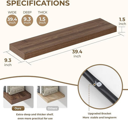 Dreamland 40 Inches Floating Shelves for Wall, 9.3" Deep Long Floating Shelves Set of 2, Large Display & Storage Shelf, Wall Shelf for Bathroom Bedroom Living Room Kitchen Office, Walnut