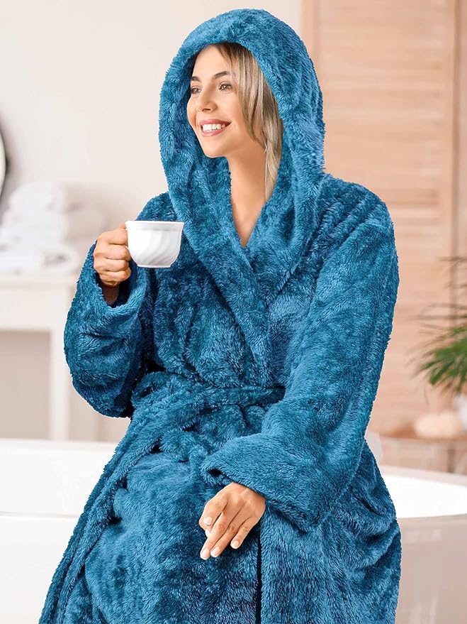 PAVILIA Women Hooded Plush Soft Robe | Fluffy Warm Fleece Sherpa Shaggy Bathrobe