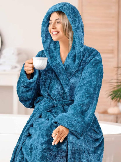 PAVILIA Women Hooded Plush Soft Robe | Fluffy Warm Fleece Sherpa Shaggy Bathrobe