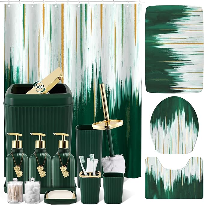 32PCS Bathroom Sets with Shower Curtain and Rugs-Dark Green Bathroom Accessories,Non Slip Bathroom Rugs Set with Toilet Lid Cover, Waterproof Shower Curtain, 3PC Soap Dispenser with Trash Can
