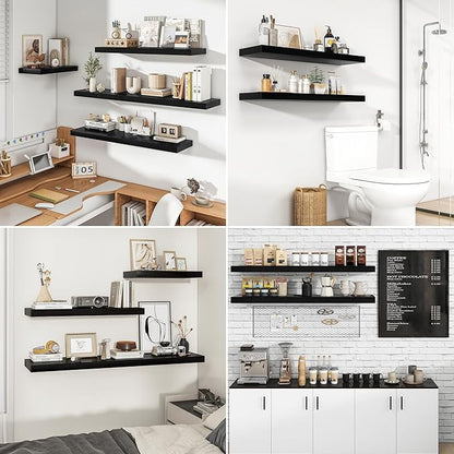 RICHFOCUS 72Inch Floating Shelves for Wall 1 Pack Shelves for Bedroom|Kitchen|Bathroom Wall Mounted Rustic Wood Floating Shelf with Invisible Brackets for Books|Storage|Decor, Black