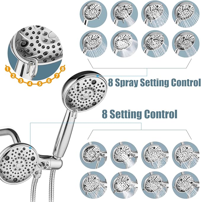 Aolemi Tub Shower Faucet Set with Tub Spout Rain Shower Head System Shower Trim Kit Pressure Rough-in Valve Included ABS 8 Setting Dual Shower Head and Handheld Spray Polish Chrome