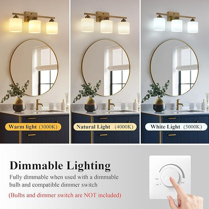 Stainless Steel Milk Glass Vanity Lights for Bathroom, 3 Light Brass Bathroom Light Fixtures Over Mirror, Ceramic E26 Sockets Wall Mounted