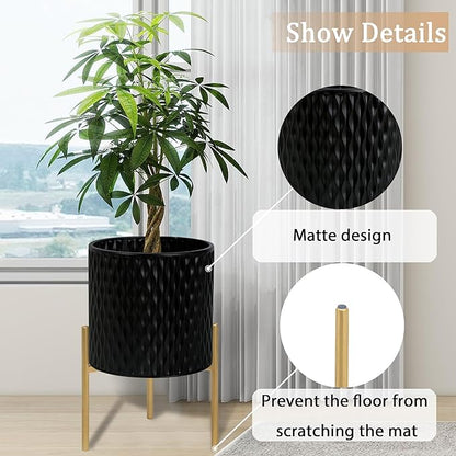 ARNIS Plants Pots with Stand, Set of 2 Planters, Unique Mid Century Decorative Metal Flower Pots with Drainage, 8.25 & 10.5 Inch, Black