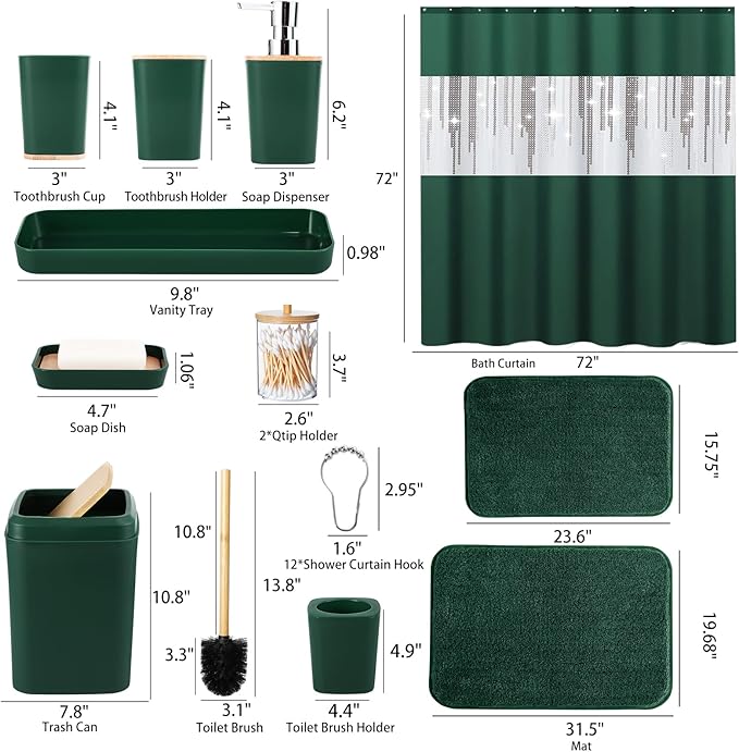 Dark Green Bathroom Sets with Shower Curtain and Rugs,Bathroom Sets Shower Curtain Set with Extra Soft and Absorbent Bathroom Rugs Green Bathroom Accessories
