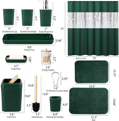 Dark Green Bathroom Sets with Shower Curtain and Rugs,Bathroom Sets Shower Curtain Set with Extra Soft and Absorbent Bathroom Rugs Green Bathroom Accessories