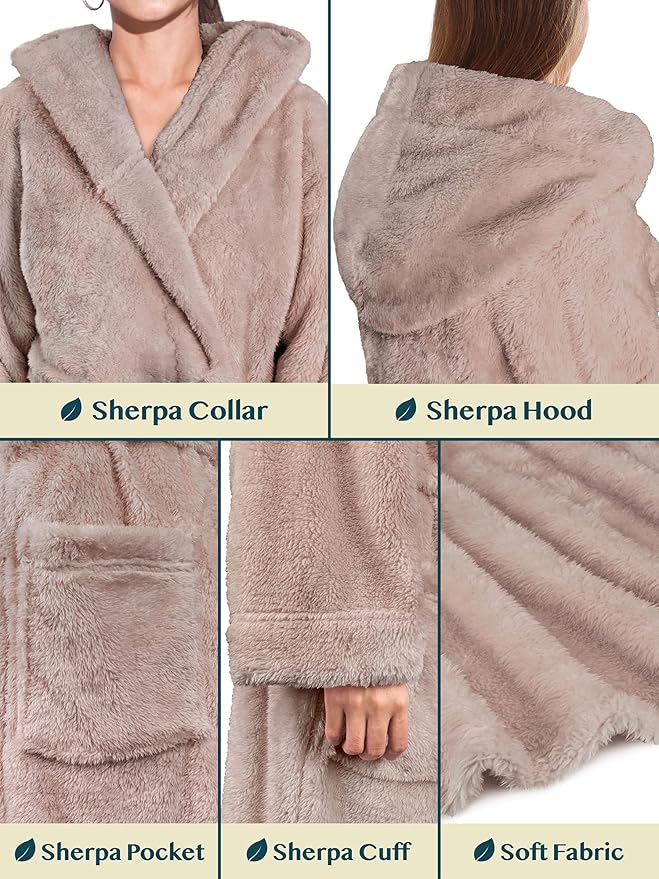 PAVILIA Women Hooded Plush Soft Robe | Fluffy Warm Fleece Sherpa Shaggy Bathrobe