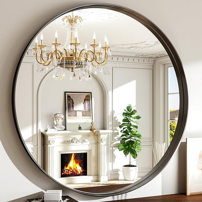 36 Inch Round Bathroom Mirror - Wall Mounted Circle Mirror with Metal Frame, Modern Mirror Suitable for Bathroom, Vanity, Entryway, Living Room, Wall Decor,Black