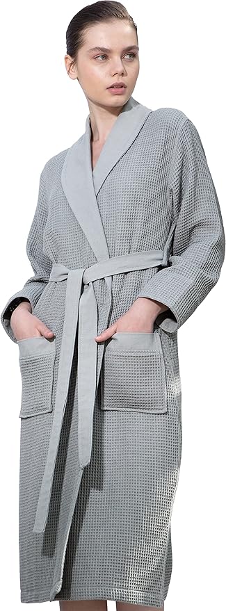 Women’s Luxury Waffle Shawl Collar, Hooded Robe w Piping – Lightweight, Long, Ultra Soft Spa Sleepwear Bathrobe